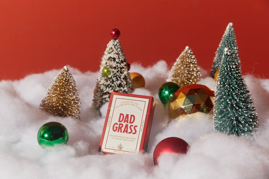 Close-up of a Dad Grass box surrounded by Christmas decor and mini trees, set on snowy cotton.