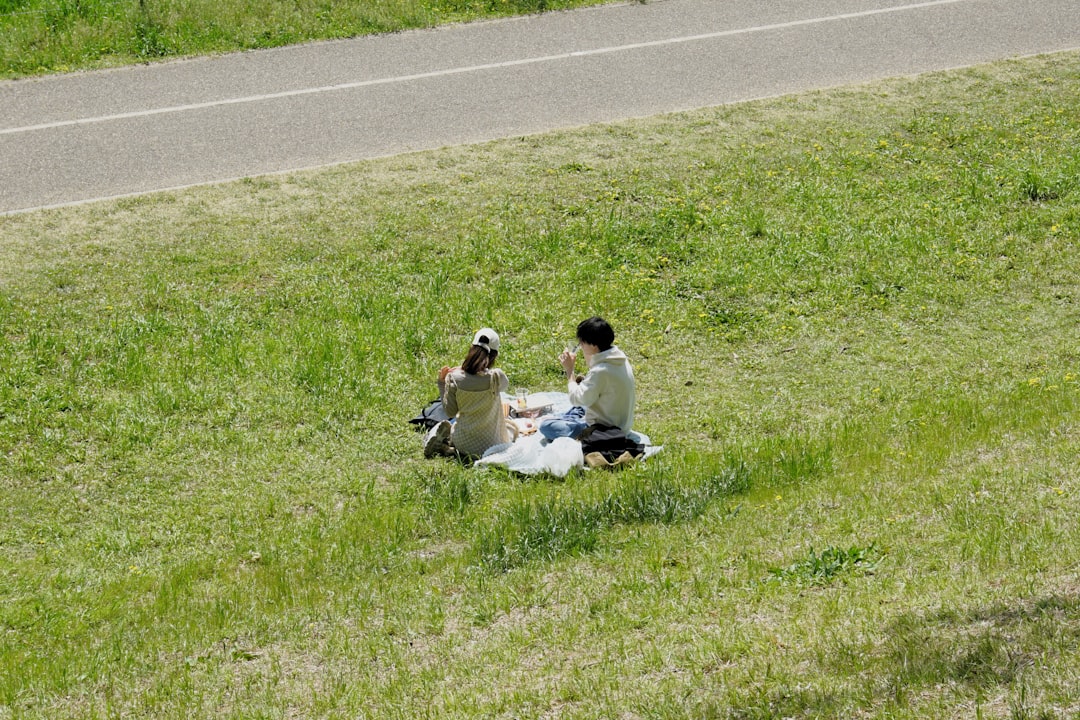 Couple enjoys a picnic in the grass.