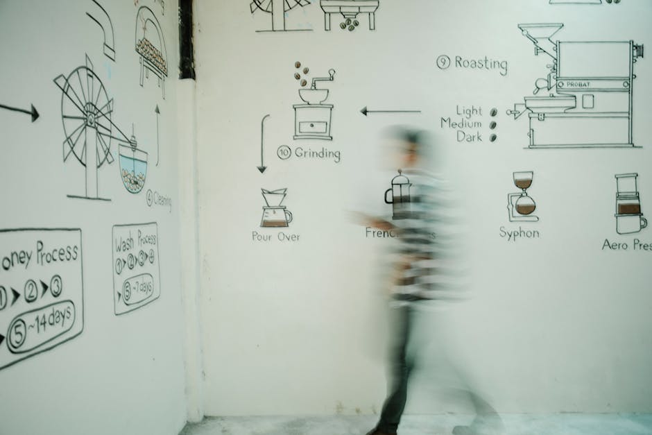 A person walks past a wall illustrating the coffee brewing process.
