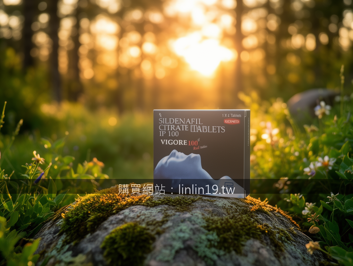 GOLDEN HOUR OUTDOOR with natural bokeh. Place the Vigore 100mg Red Tablets box (
